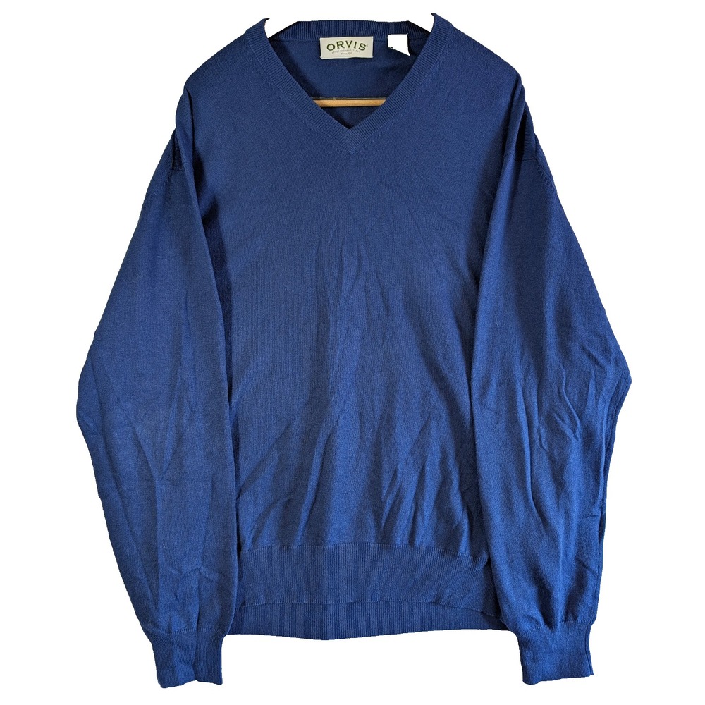 Orvis Sweater Mens XL Blue Luxury Blend Silk Cashmere Pull over V-neck